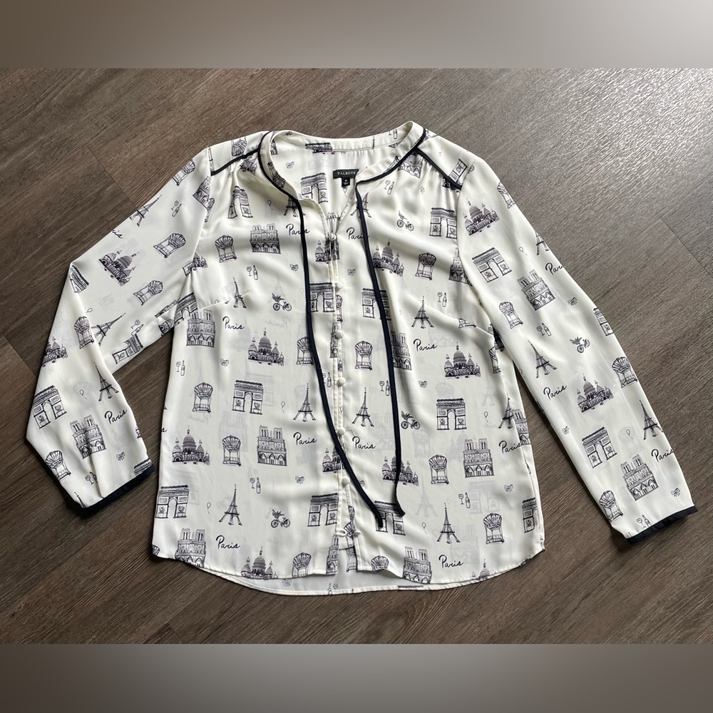 Talbots White and Black Paris Print Blouse